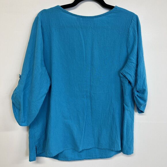 Susan Graver 1X Blue Blouse Sequin Neckline Roll Tab Sleeve Cotton Boho Top - Picture 3 of 13